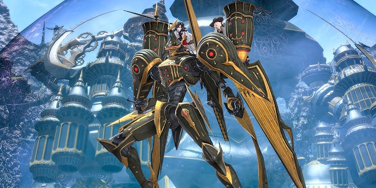 Two characters riding on a mech. 
